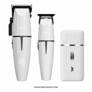 تصویر ست کامل ماشین اصلاح JRL Onyx White شامل کلیپر حرفه‌ای، تریمر خط زن و شیور با نمایشگر دیجیتال و باتری لیتیومی